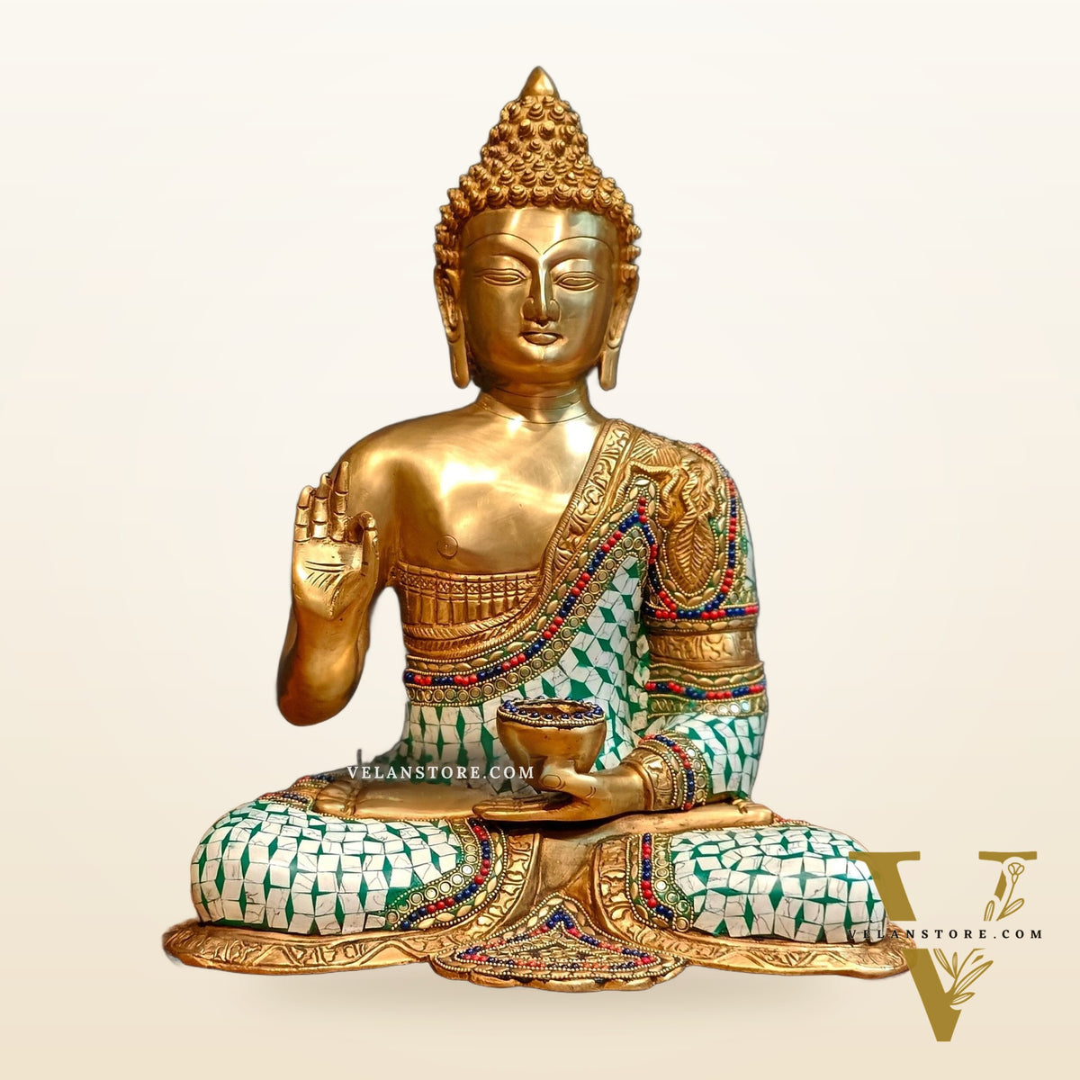 Buddha Brass Idol in Aashirwaad Abhaya Mudra - 17 Inch, Exquisite Stonework