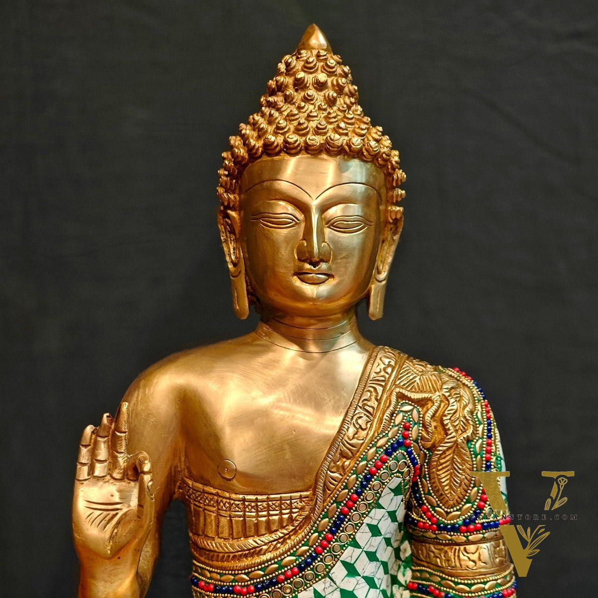 Buddha Brass Idol in Aashirwaad Abhaya Mudra - 17 Inch, Exquisite Stonework
