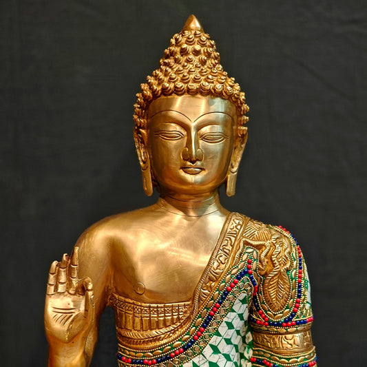 Buddha Brass Idol in Aashirwaad Abhaya Mudra - 17 Inch, Exquisite Stonework