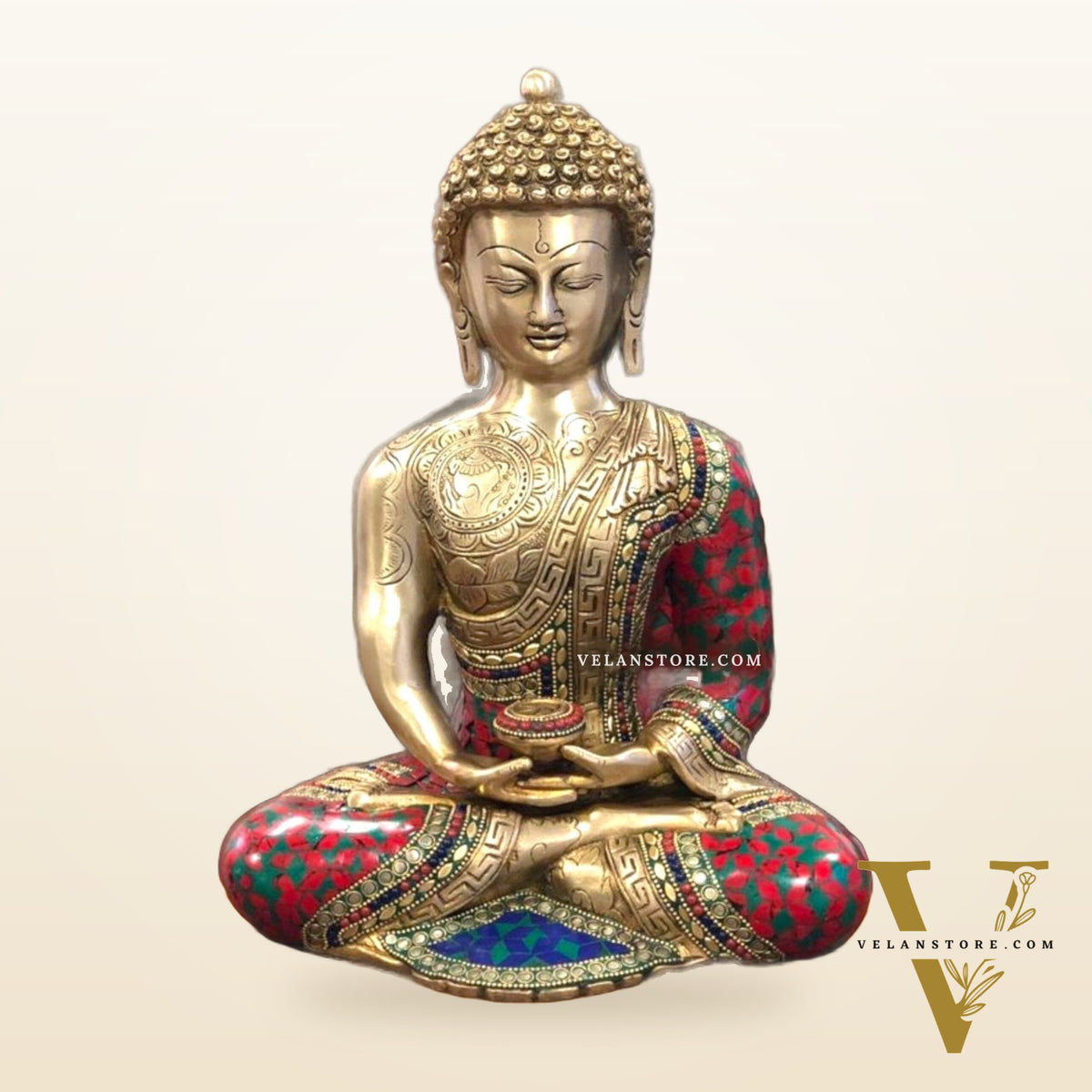 Buddha Brass Idol meditation with stonework 12 inches