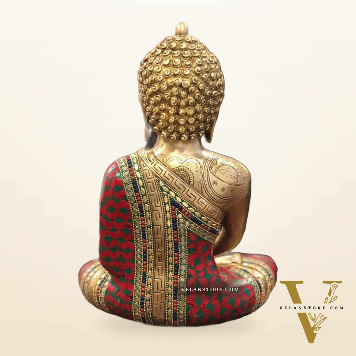 Buddha Brass Idol meditation with stonework 12 inches