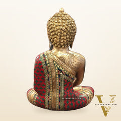 Buddha Brass Idol meditation with stonework 12 inches