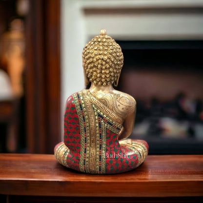 Buddha Brass Idol meditation with stonework 12 inches