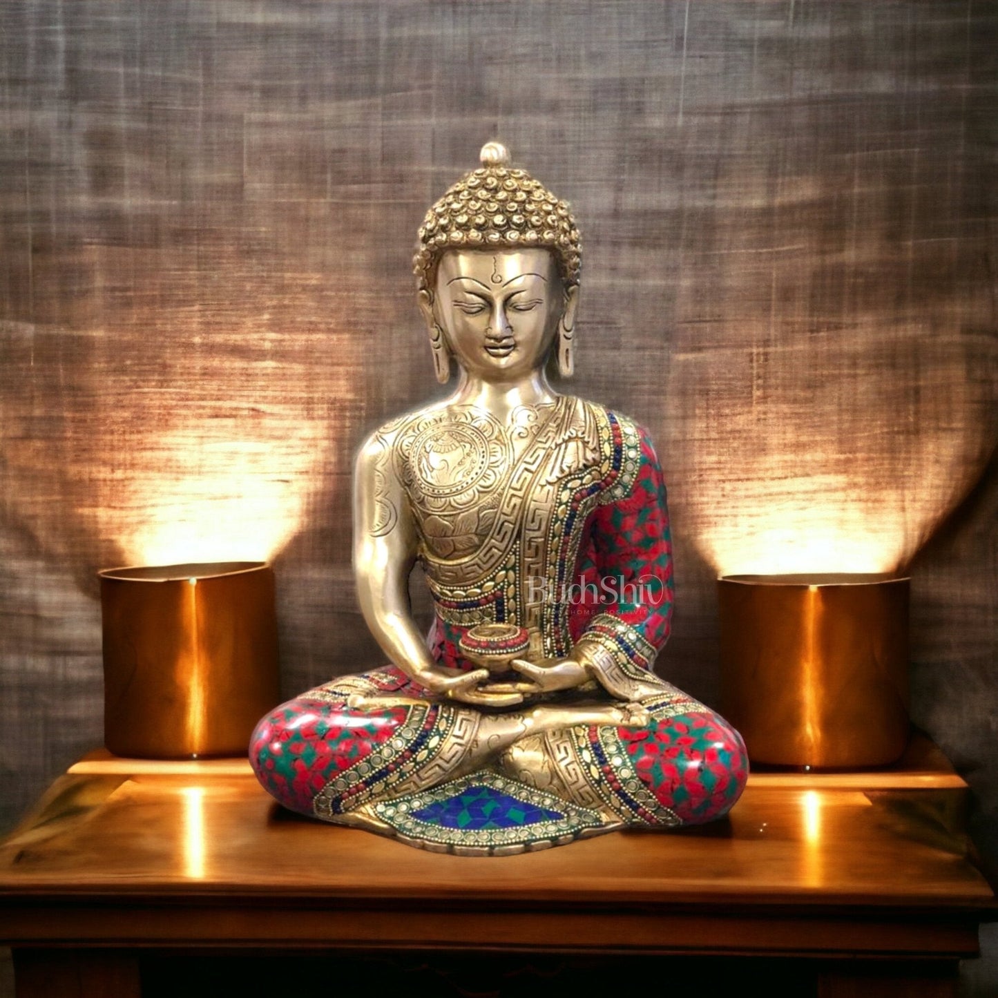 Buddha Brass Idol meditation with stonework 12 inches