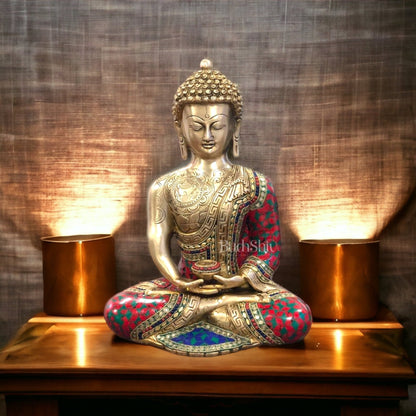 Buddha Brass Idol meditation with stonework 12 inches