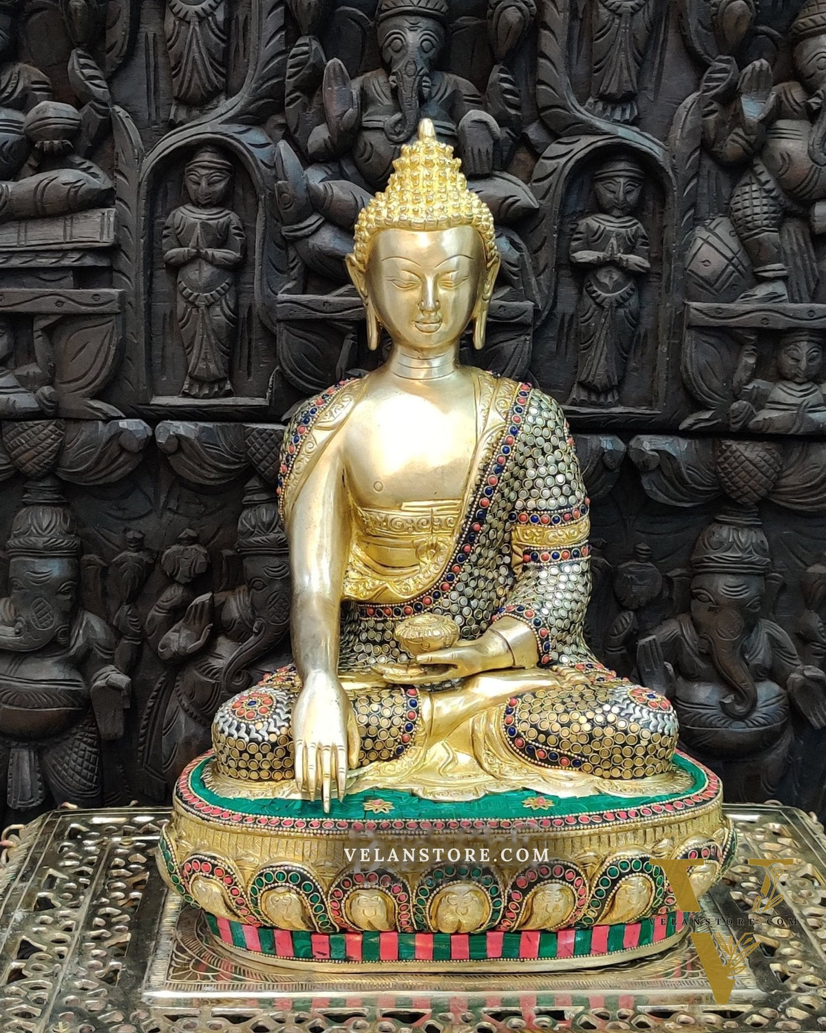 Buddha Brass Statue 16 inch Enlightenment Buddha with Natural stonework