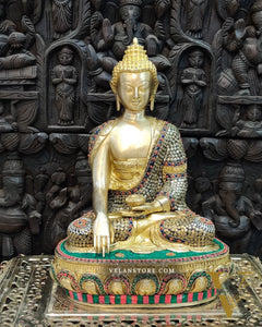 Buddha Brass Statue 16 inch Enlightenment Buddha with Natural stonework