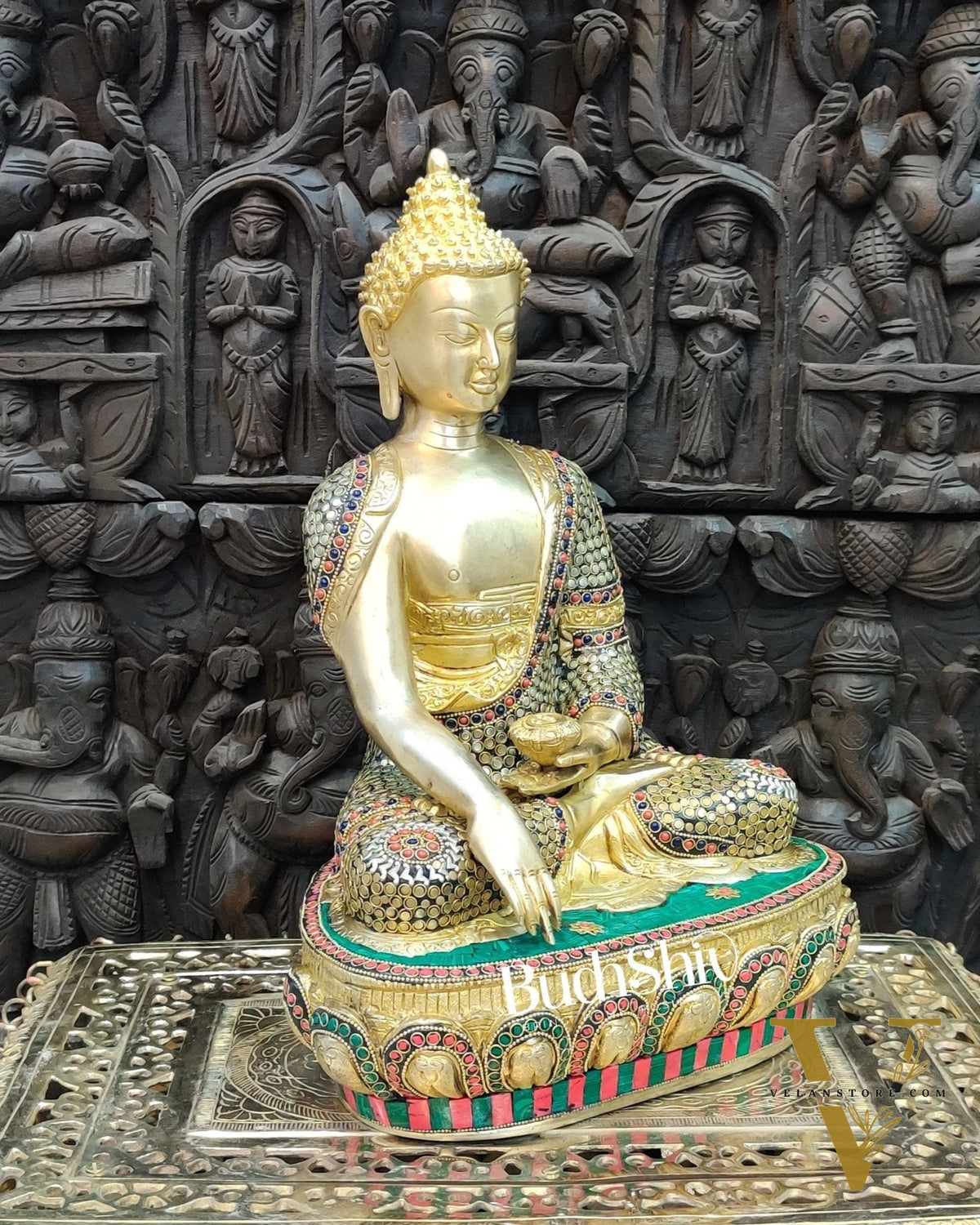 Buddha Brass Statue 16 inch Enlightenment Buddha with Natural stonework