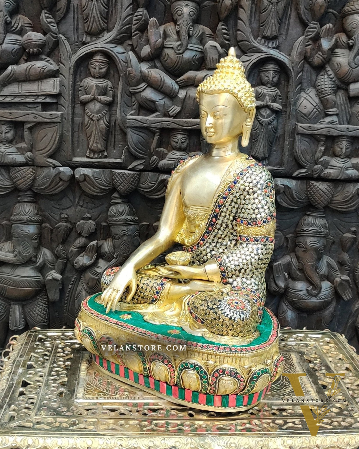 Buddha Brass Statue 16 inch Enlightenment Buddha with Natural stonework