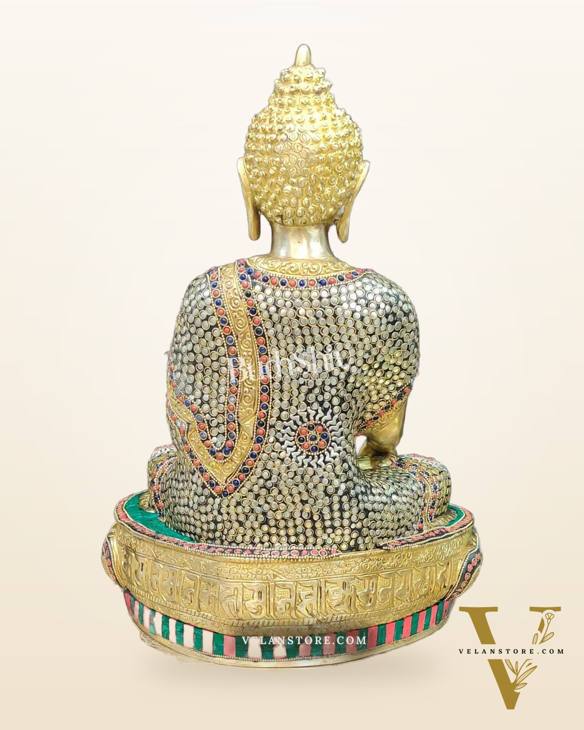 Buddha Brass Statue 16 inch Enlightenment Buddha with Natural stonework