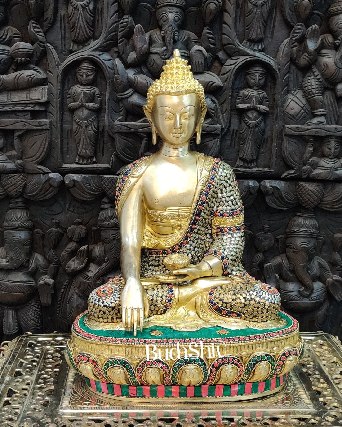 Buddha Brass Statue 16 inch Enlightenment Buddha with Natural stonework