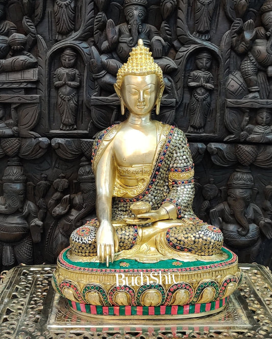 Buddha Brass Statue 16 inch Enlightenment Buddha with Natural stonework