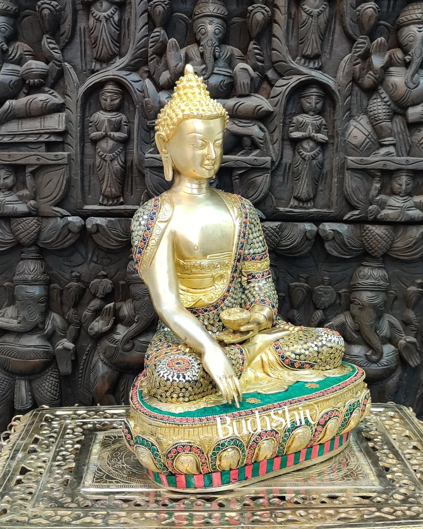 Buddha Brass Statue 16 inch Enlightenment Buddha with Natural stonework