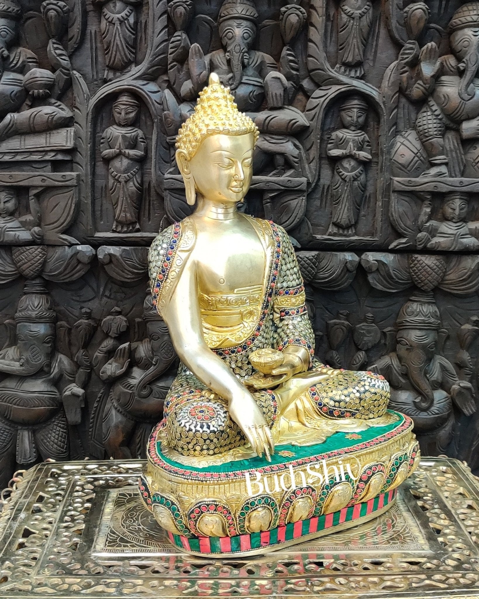 Buddha Brass Statue 16 inch Enlightenment Buddha with Natural stonework