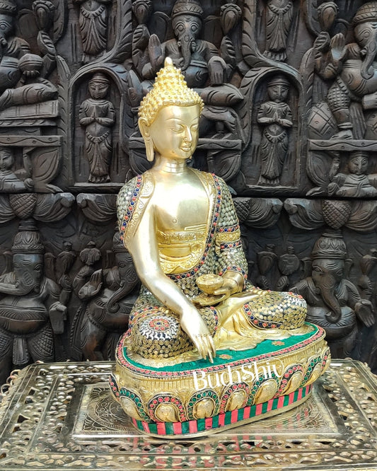 Buddha Brass Statue 16 inch Enlightenment Buddha with Natural stonework