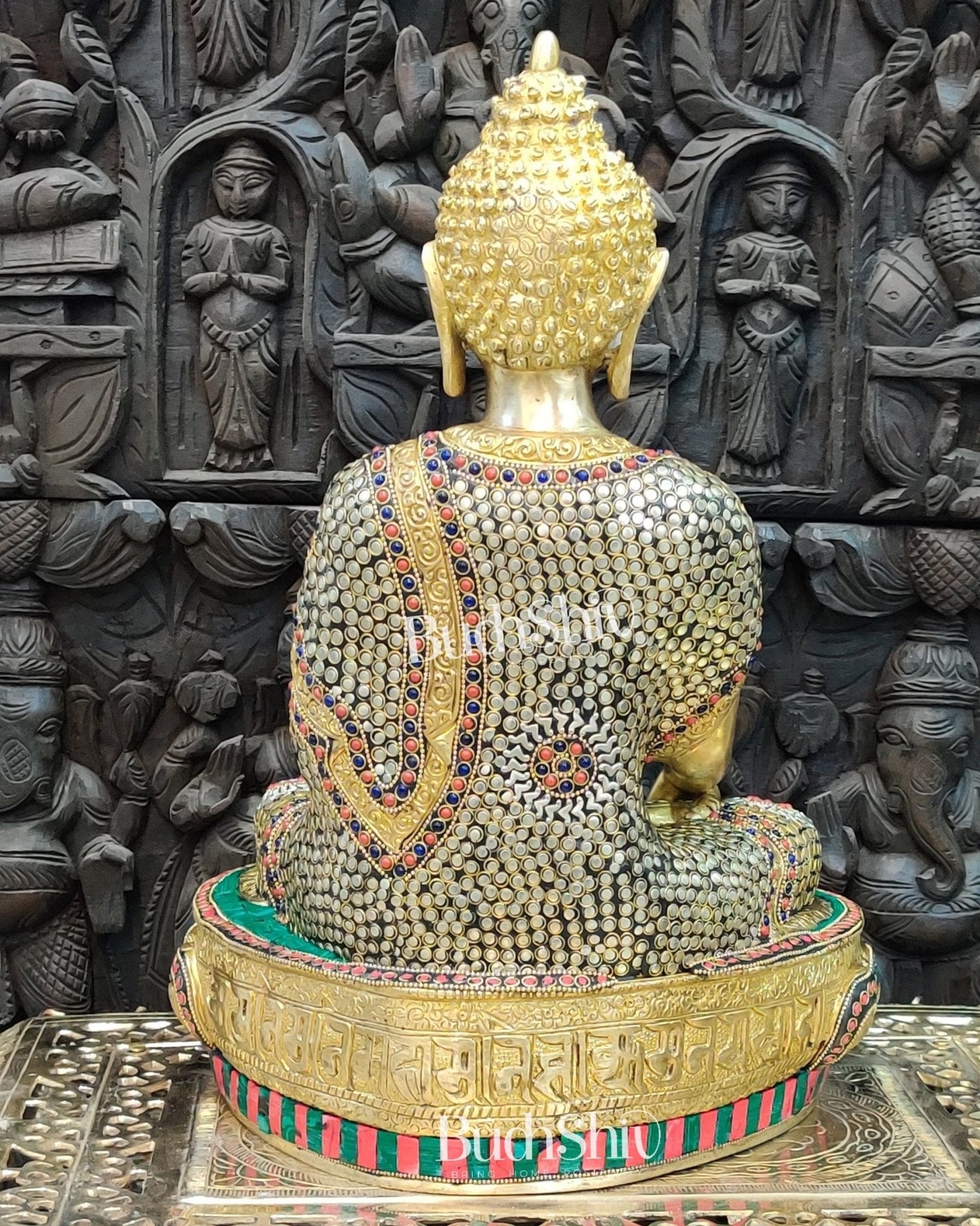 Buddha Brass Statue 16 inch Enlightenment Buddha with Natural stonework