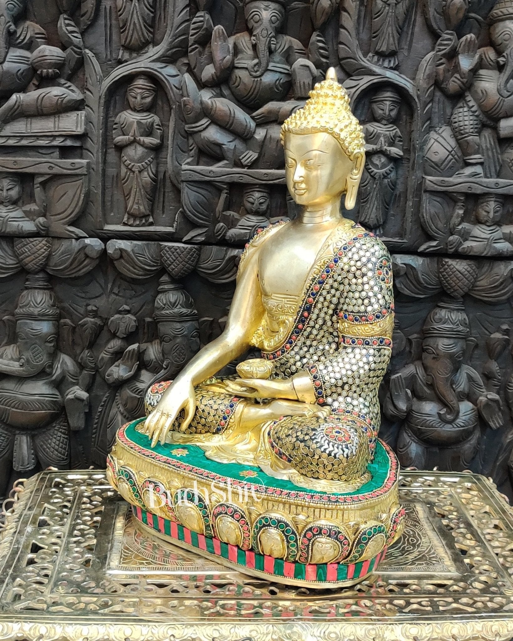 Buddha Brass Statue 16 inch Enlightenment Buddha with Natural stonework