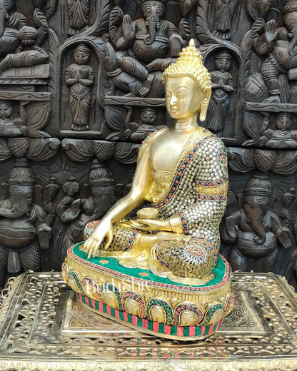 Buddha Brass Statue 16 inch Enlightenment Buddha with Natural stonework