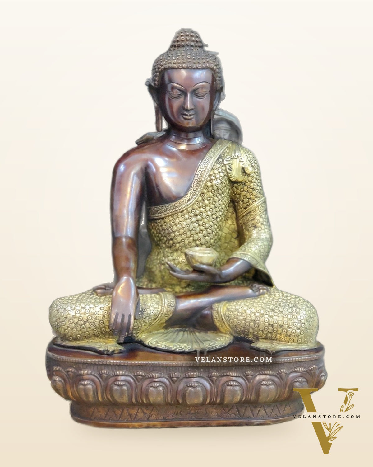 Buddha brass statue in Bhoomisparsha Mudra with a Medicine bowl 22"
