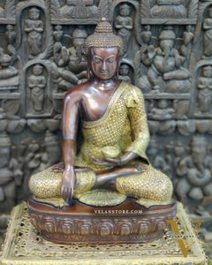 Buddha brass statue in Bhoomisparsha Mudra with a Medicine bowl 22"