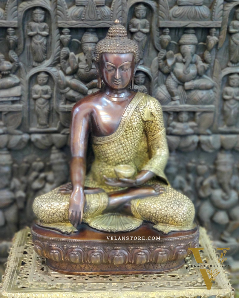 Buddha brass statue in Bhoomisparsha Mudra with a Medicine bowl 22"