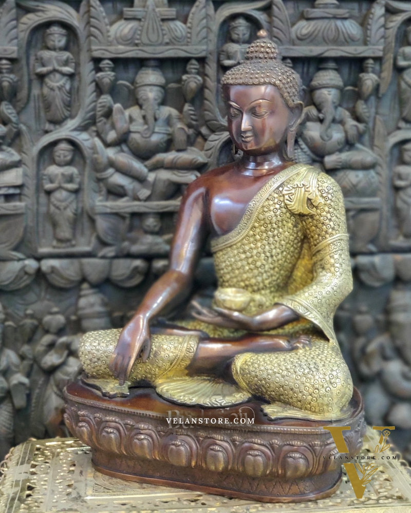 Buddha brass statue in Bhoomisparsha Mudra with a Medicine bowl 22"