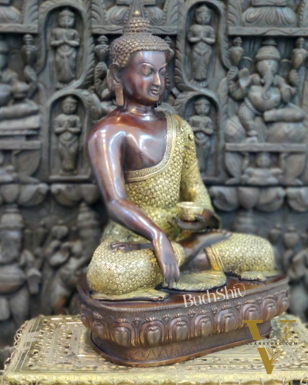 Buddha brass statue in Bhoomisparsha Mudra with a Medicine bowl 22"