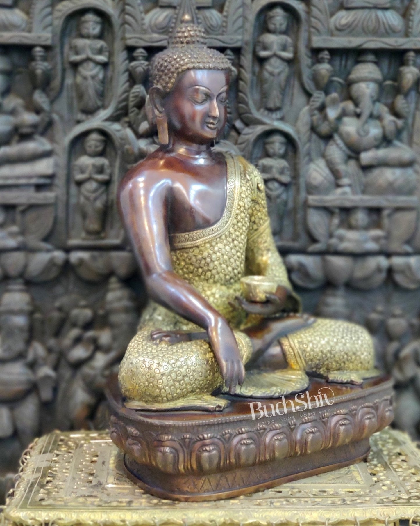 Buddha brass statue in Bhoomisparsha Mudra with a Medicine bowl 22"
