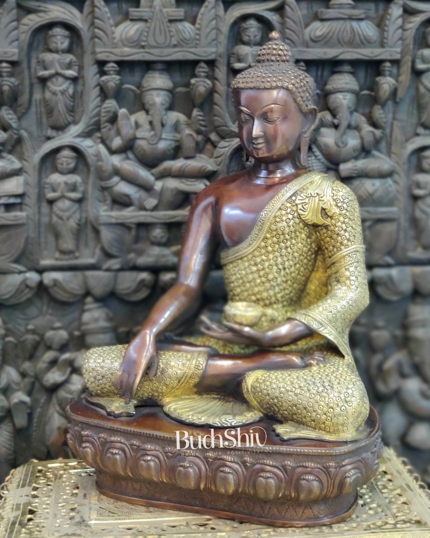 Buddha brass statue in Bhoomisparsha Mudra with a Medicine bowl 22"