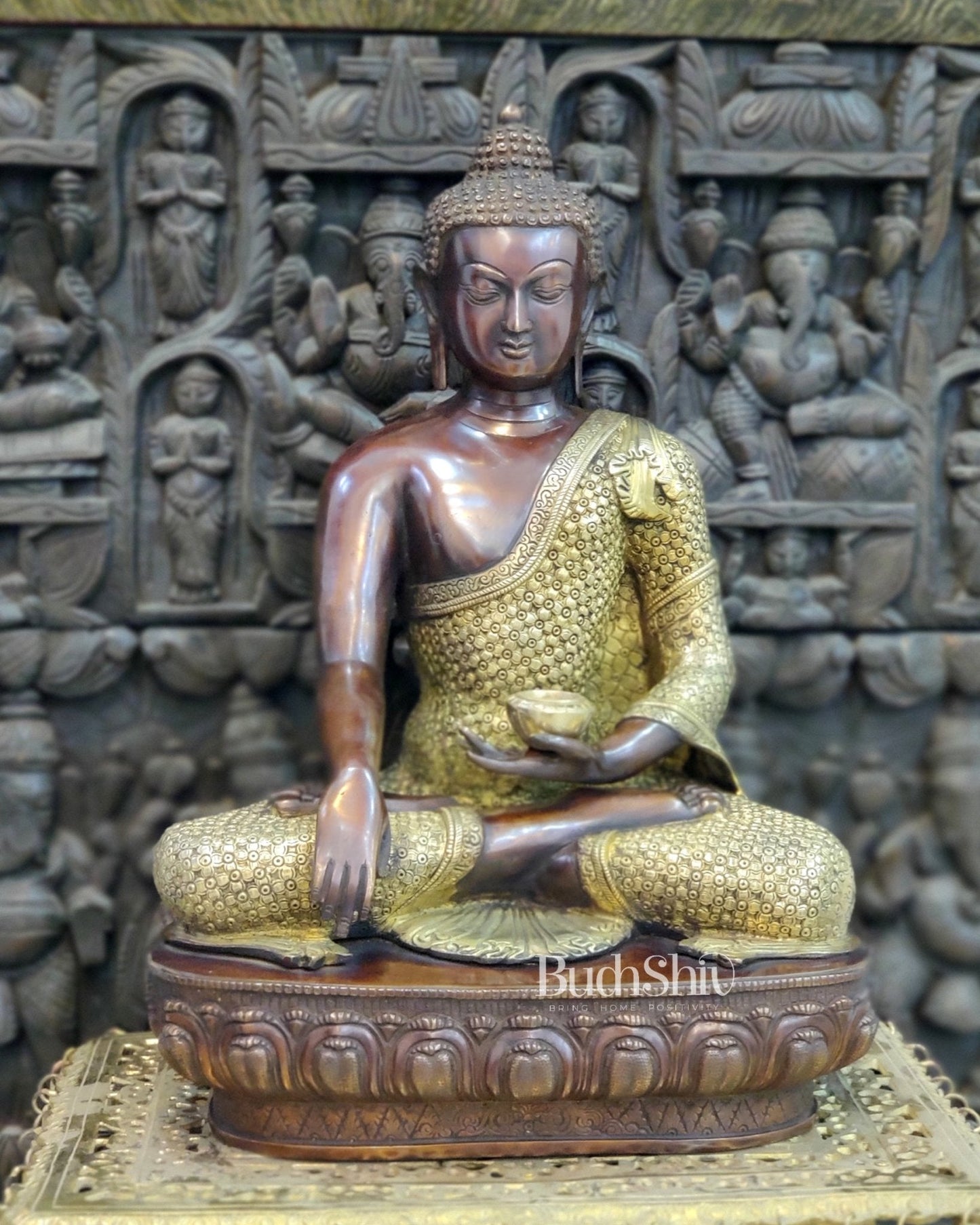 Buddha brass statue in Bhoomisparsha Mudra with a Medicine bowl 22"