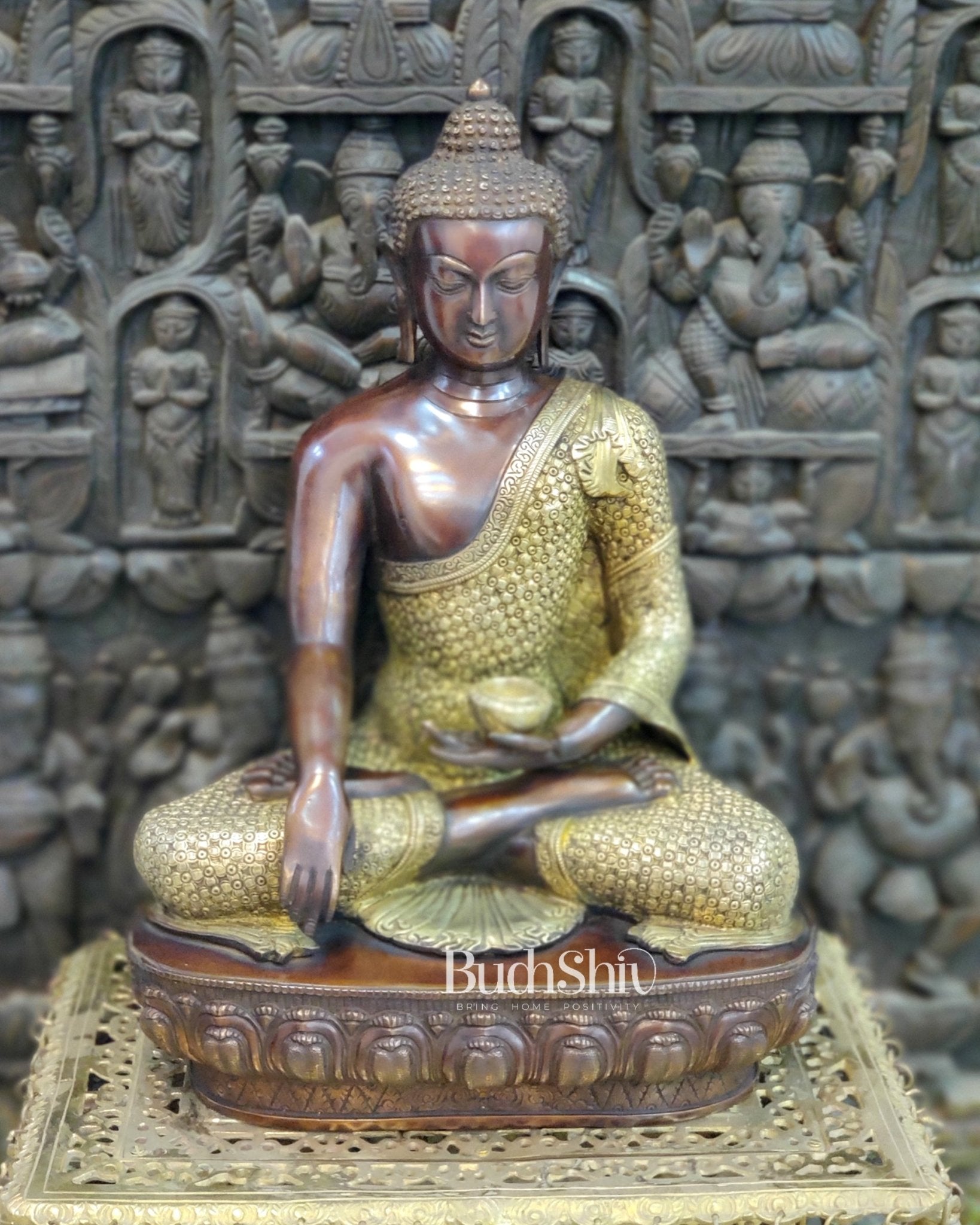 Buddha brass statue in Bhoomisparsha Mudra with a Medicine bowl 22"
