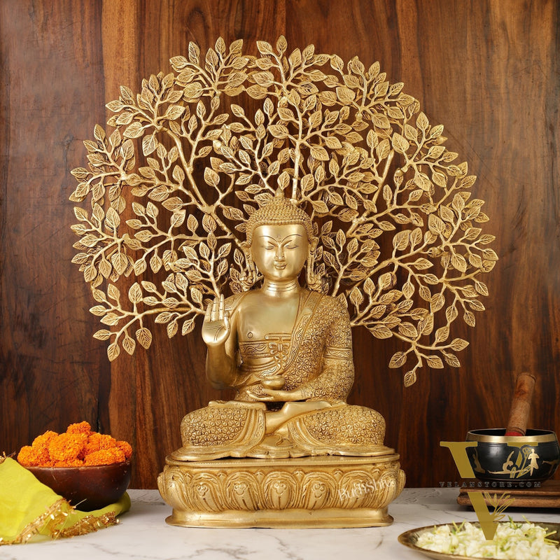 Buddha Brass statue with bodhi tree 25 inches
