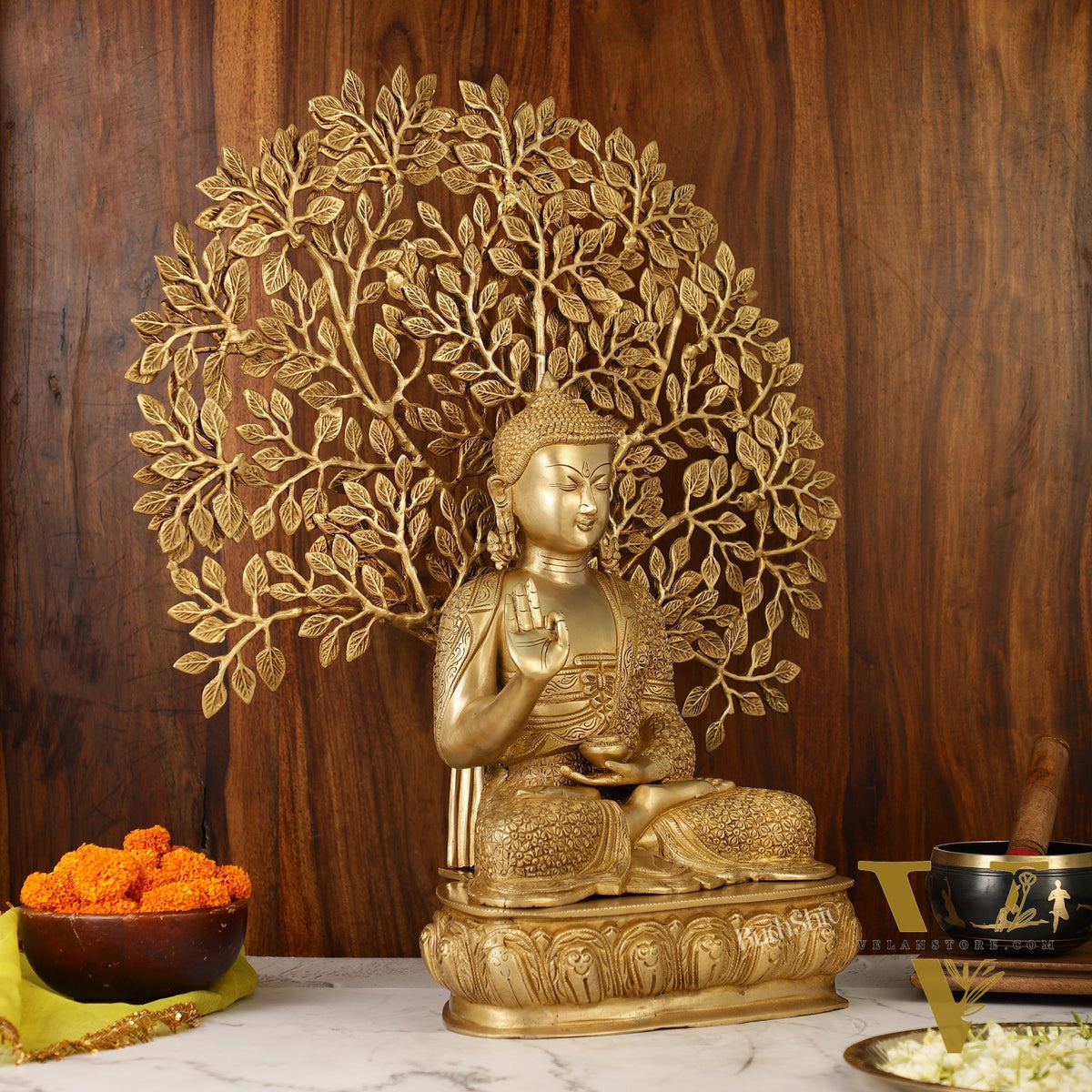 Buddha Brass statue with bodhi tree 25 inches