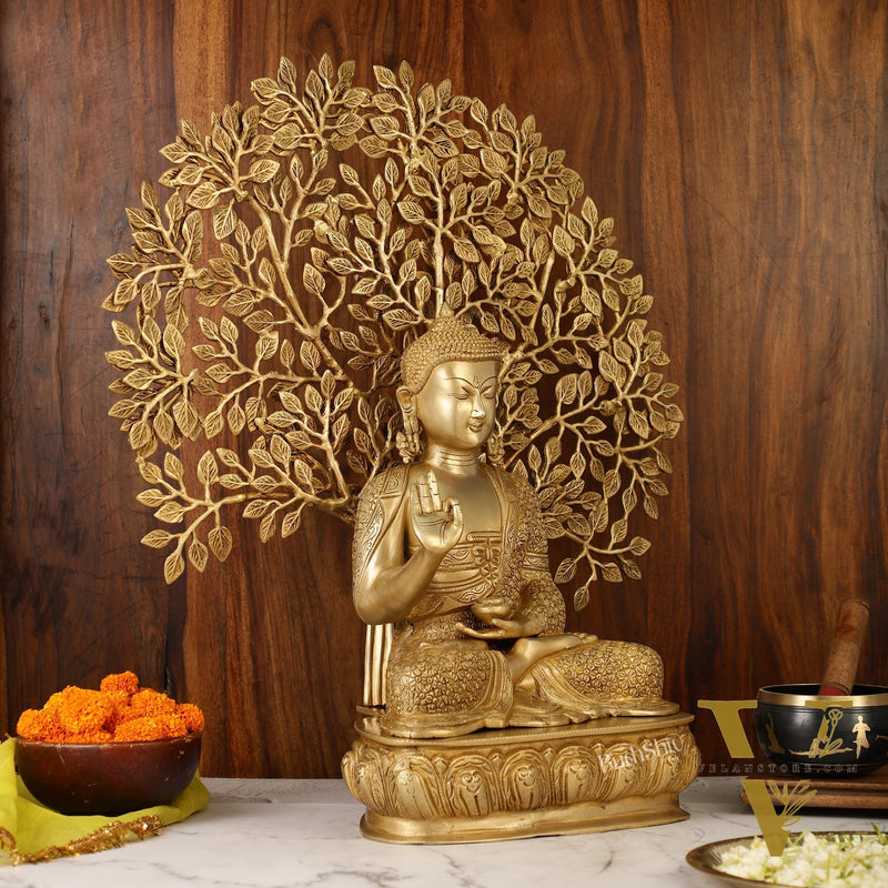 Buddha Brass statue with bodhi tree 25 inches