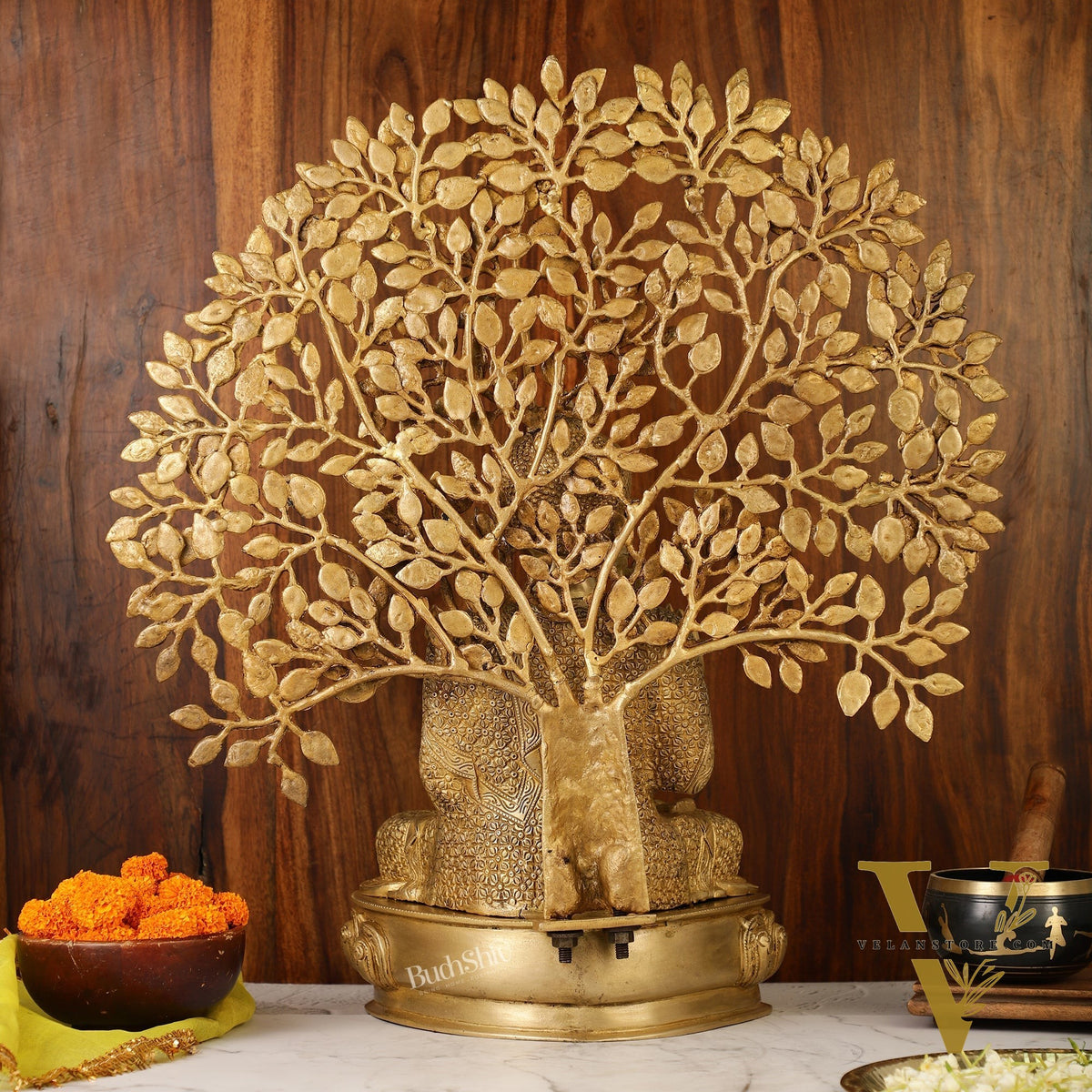Buddha Brass statue with bodhi tree 25 inches