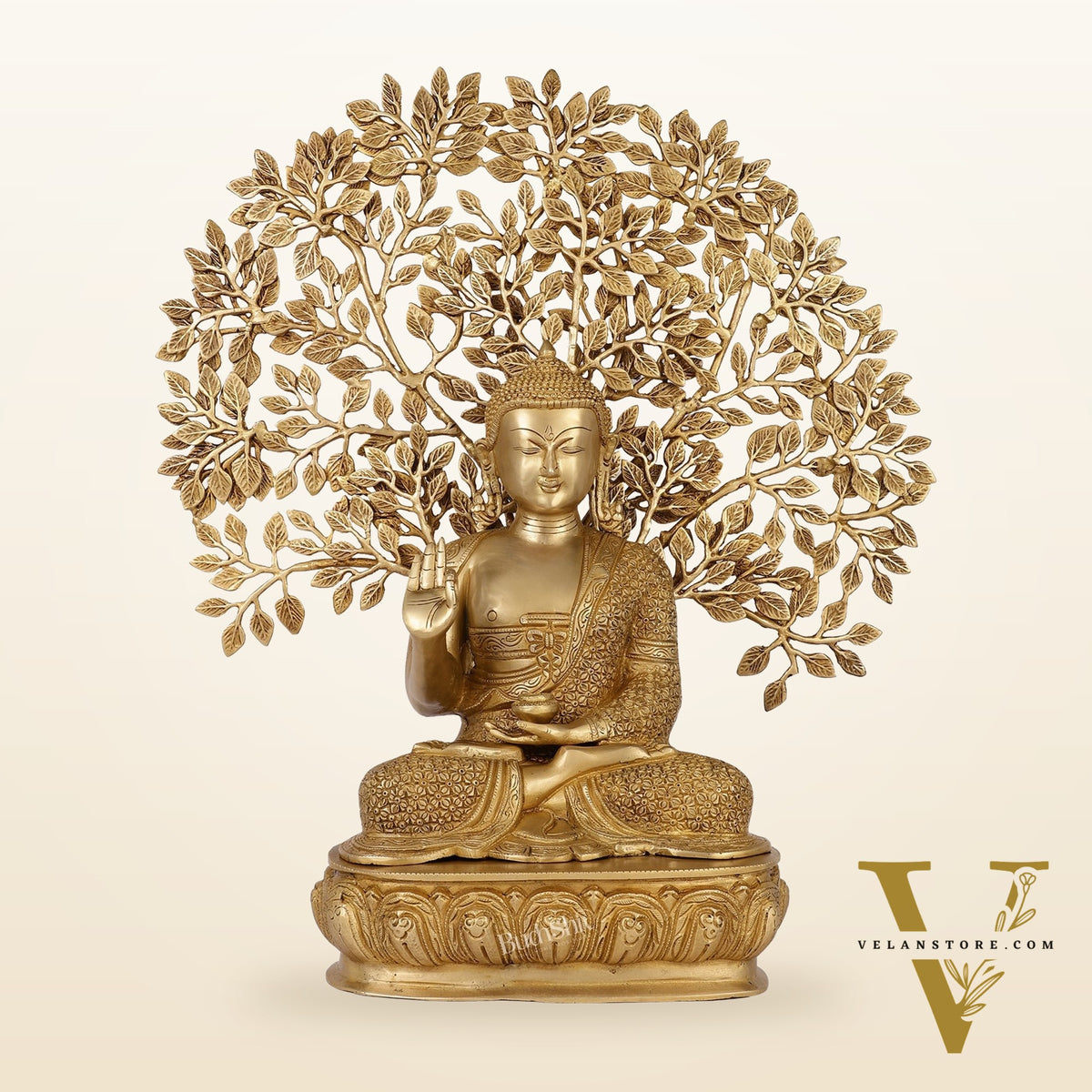 Buddha Brass statue with bodhi tree 25 inches