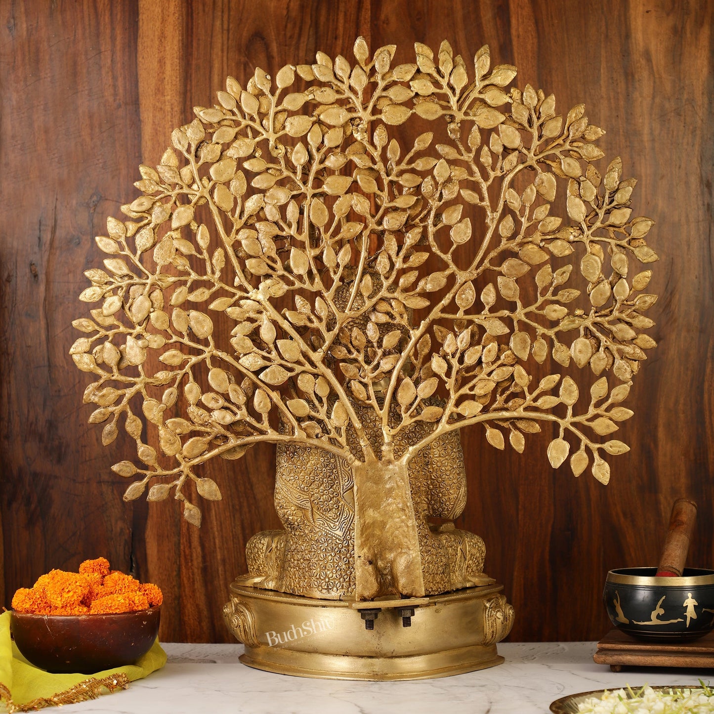 Buddha Brass statue with bodhi tree 25 inches