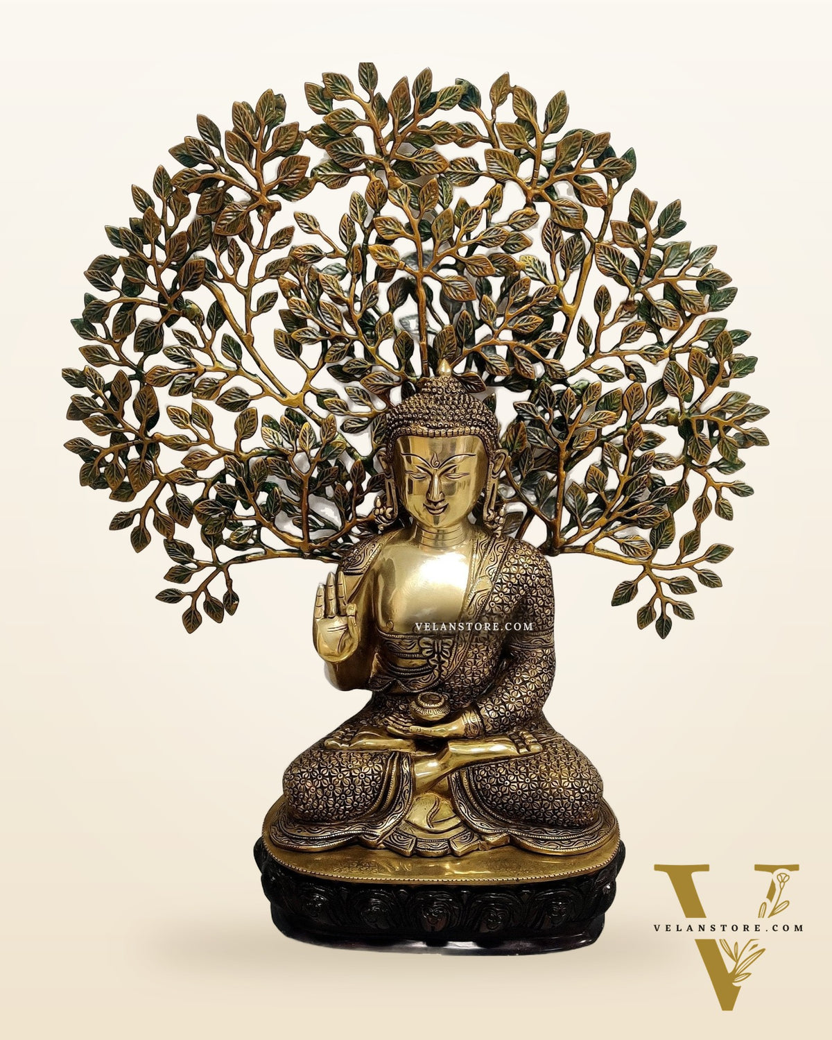 Buddha Brass statue with bodhi tree 25 inches