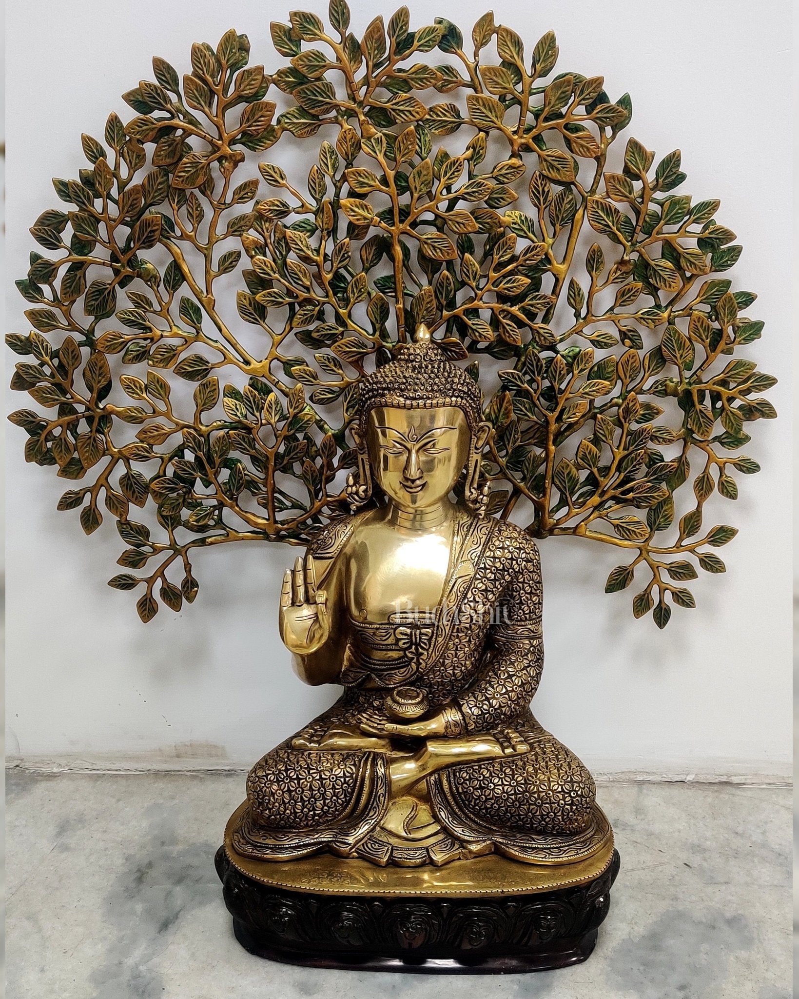 Buddha Brass statue with bodhi tree 25 inches