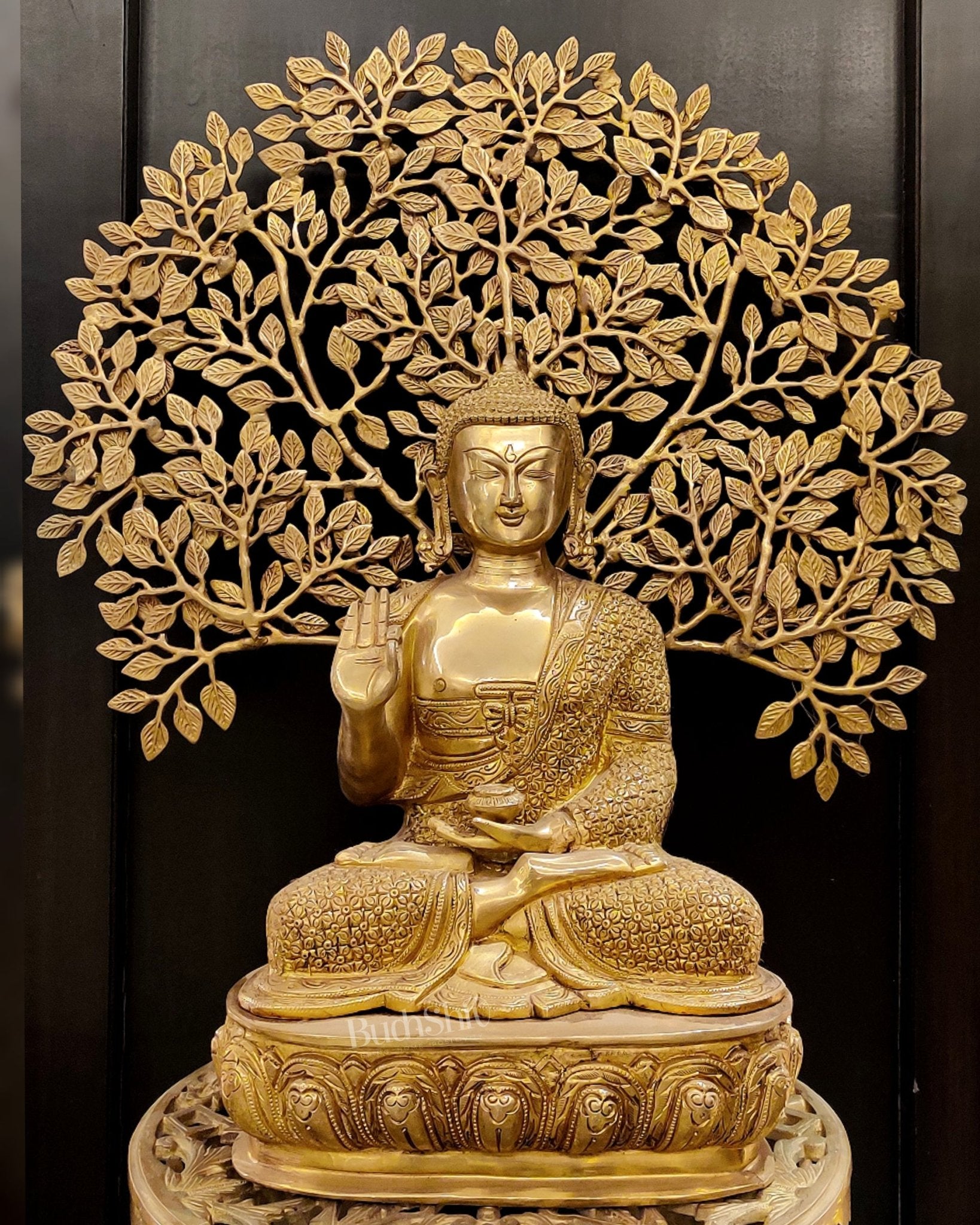 Buddha Brass statue with bodhi tree 25 inches