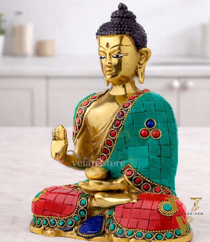 Buddha Idol in Brass Covered in Stones for Home Decor Meditation Office