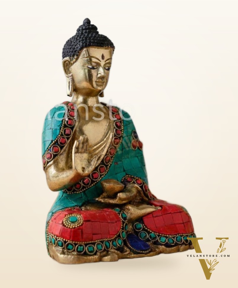 Buddha Idol in Brass Covered in Stones for Home Decor Meditation Office