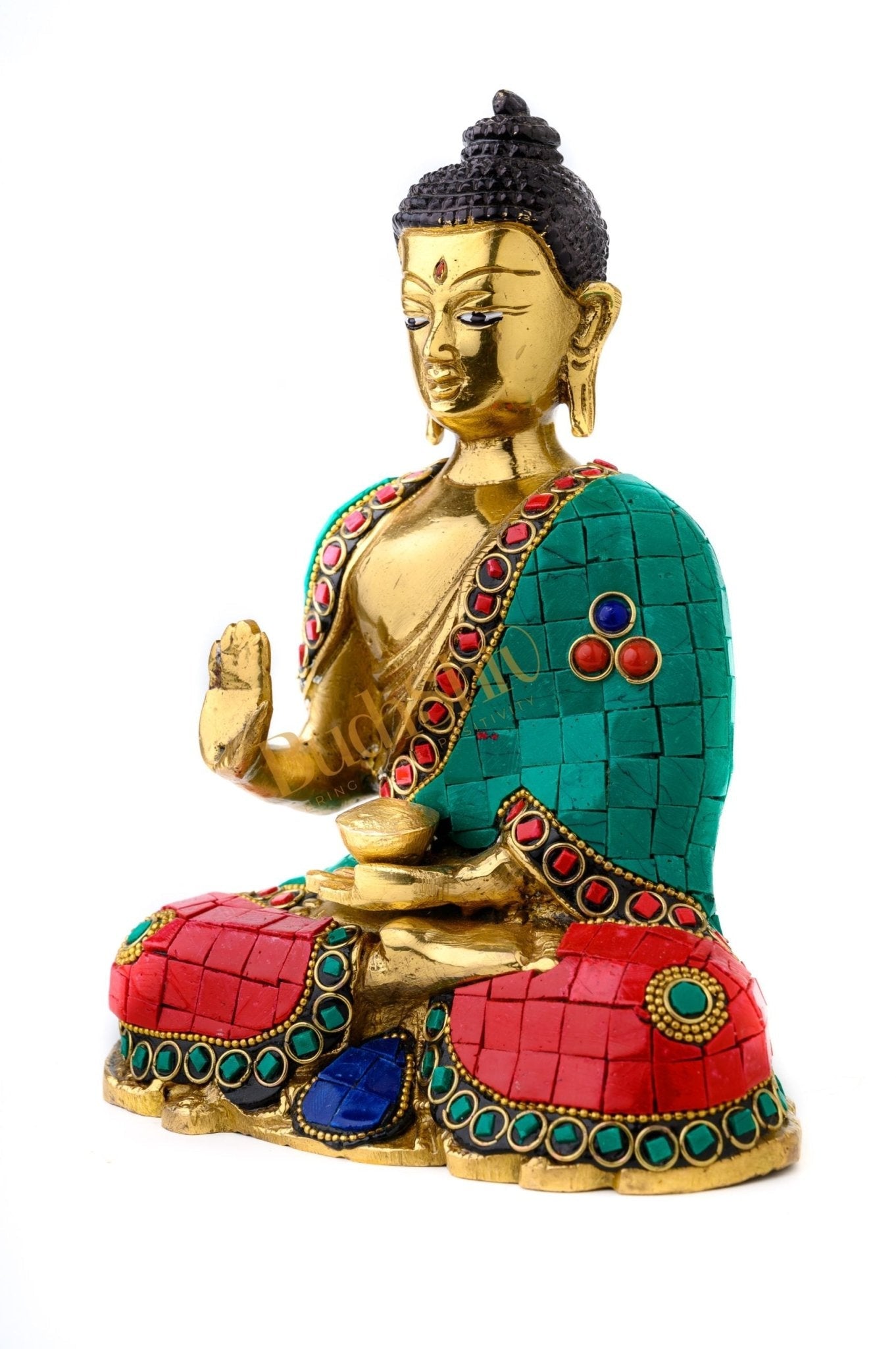 Buddha Idol in Brass Covered in Stones for Home Decor Meditation Office