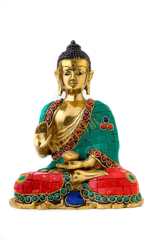 Buddha Idol in Brass Covered in Stones for Home Decor Meditation Office