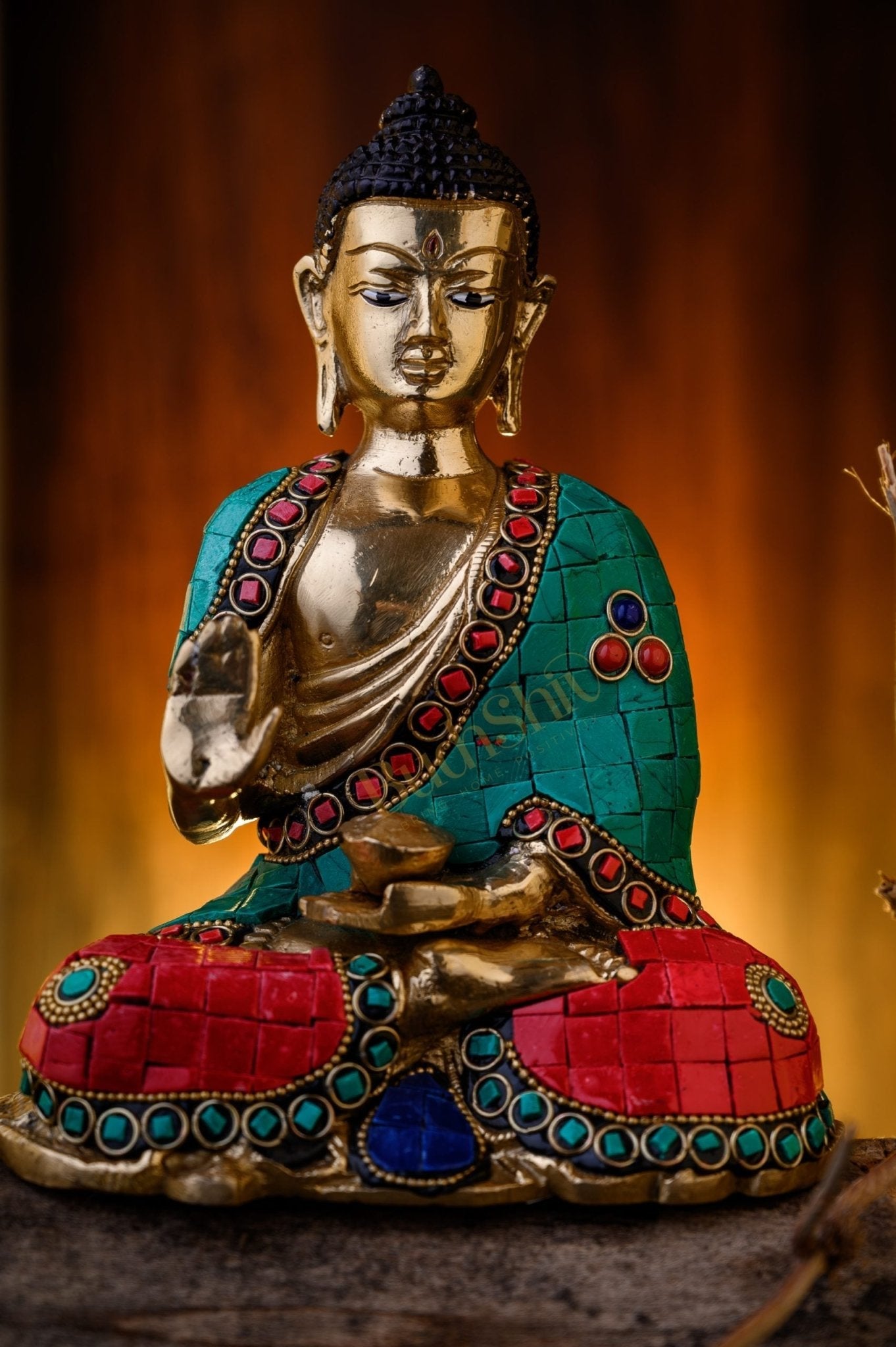 Buddha Idol in Brass Covered in Stones for Home Decor Meditation Office