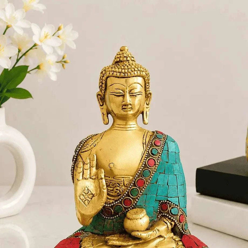 Brass Stone Work Blessing Sitting Buddha Statue