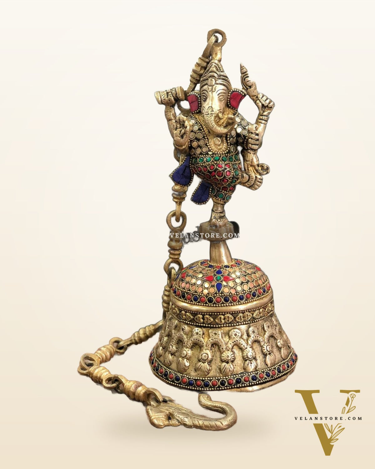 BudhShiv Brass Decor - Dancing Ganesha Hanging Bell with Stonework (22")