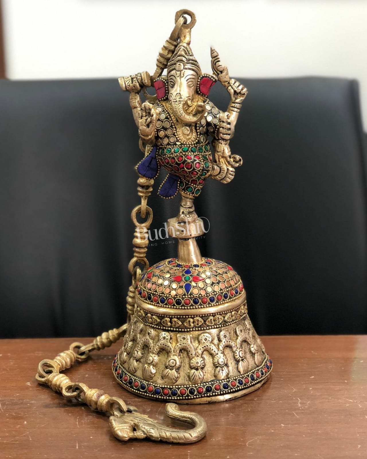 BudhShiv Brass Decor - Dancing Ganesha Hanging Bell with Stonework (22")