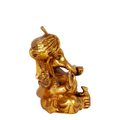 BudhShiv Ganesha Brass Idol Wearing pagdi/ Turban Unique Idol for Home Temple/Study Table/ Living Room / Gifting ( Golden)