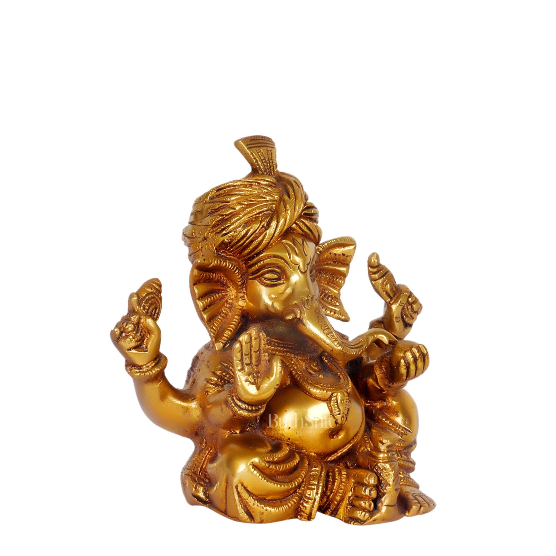 BudhShiv Ganesha Brass Idol Wearing pagdi/ Turban Unique Idol for Home Temple/Study Table/ Living Room / Gifting ( Golden)
